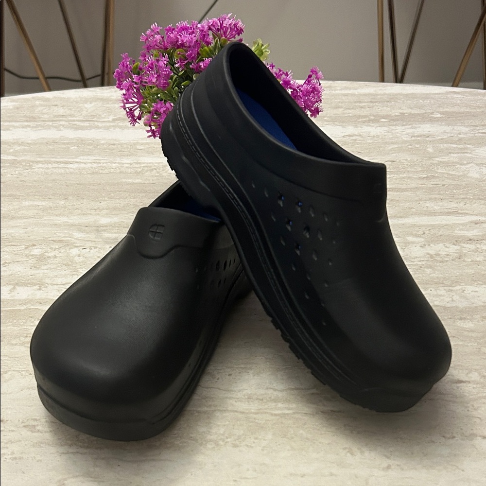 Shoes For Crews Black Slip-Ons with Blue Insole